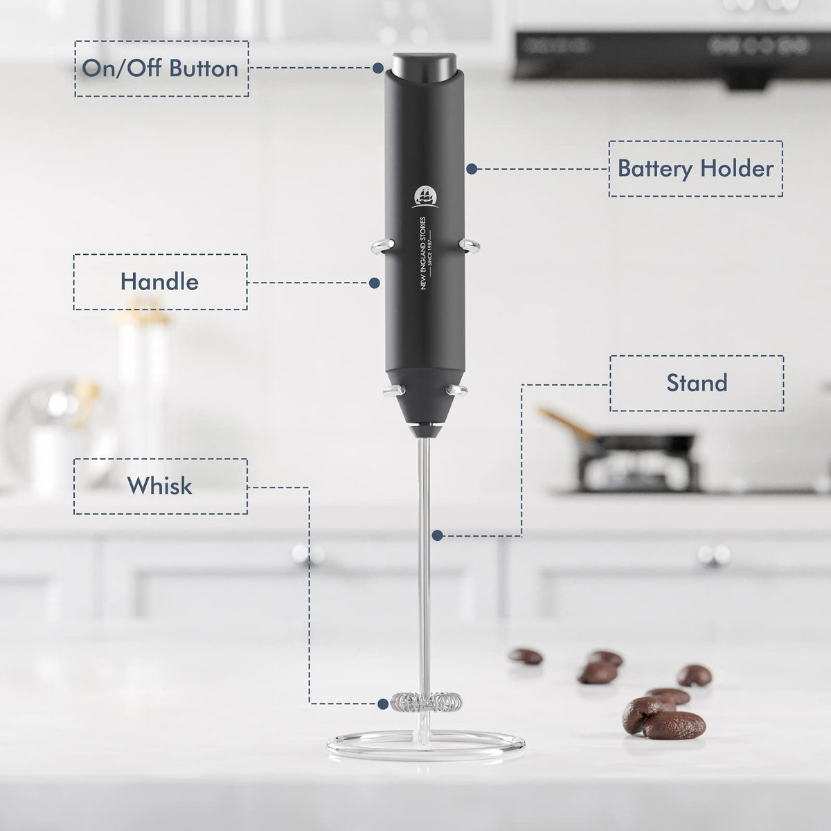 Black Handheld Milk Frother with Stand H760