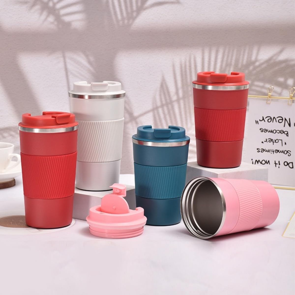Stainless Steel Insulated Travel Coffee Mug Flip up Tumbler, Double wall Leak Proof Vacuum Cup Keep Drink Cold and Hot (Red, 17 Ounces) H5961