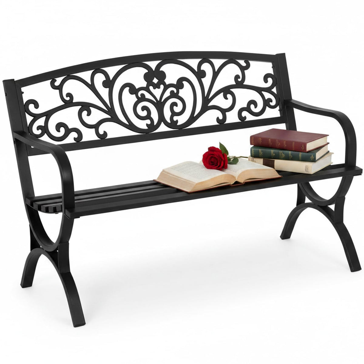 50 Inches Black Metal Outdoor Garden Bench with Floral Pattern Backrest A81455