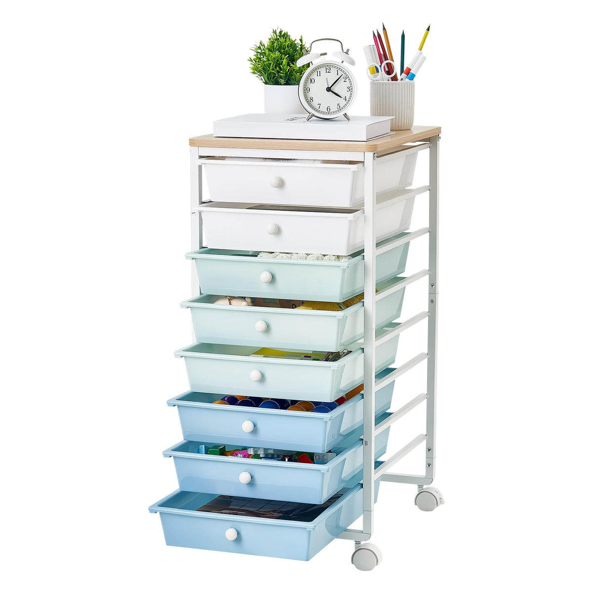 8 Drawer Rolling Storage Cart with Wood Top D307