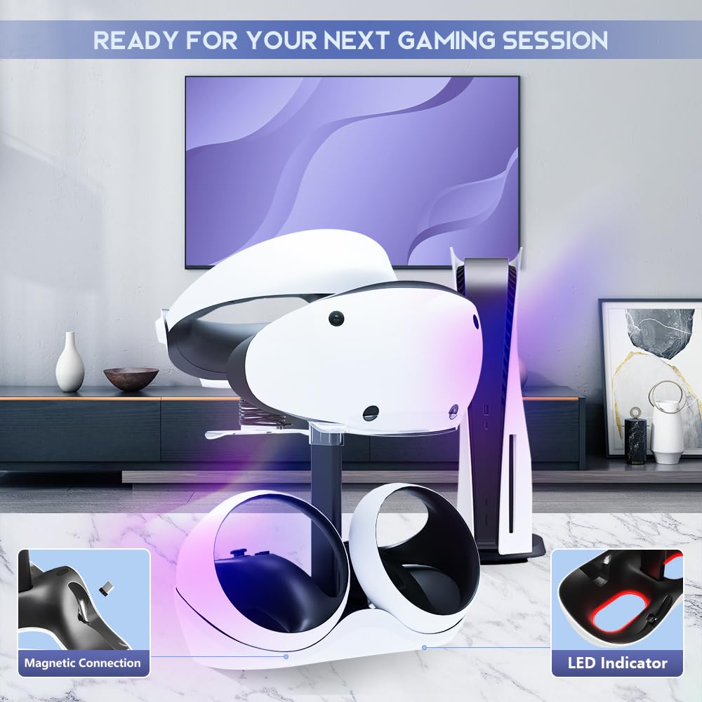 Charging Station with 7 RGB Light, Headset Display Stand, Dual Controllers Charger Dock B973