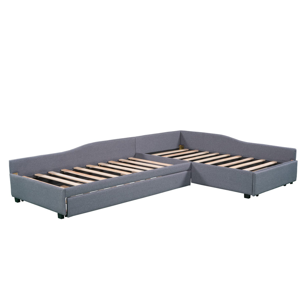 Gray Linen Upholstered Double Twin Size Daybed with Trundle and Drawer Q39668