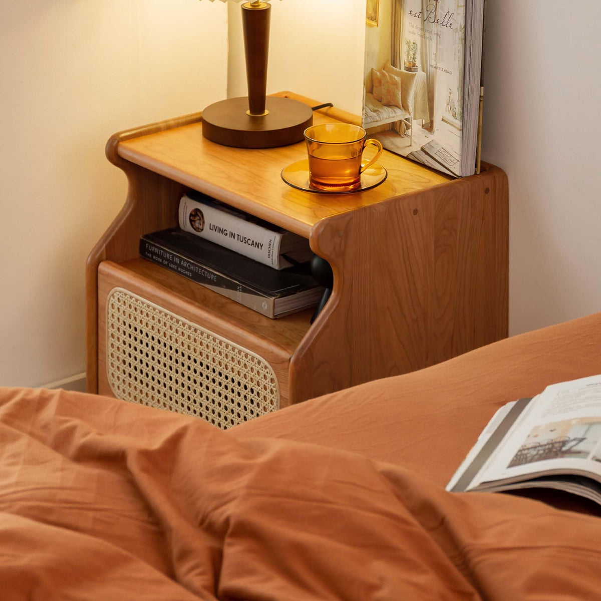 Cherry Wood Rattan Nightstand with Drawer J272