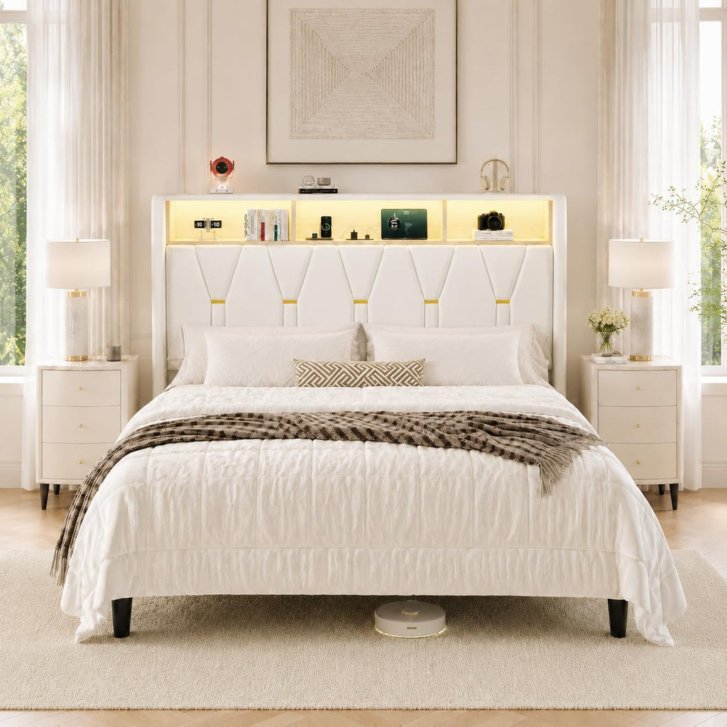 Full Size Bed Frame with 2-Tier Storage Headboard V3692