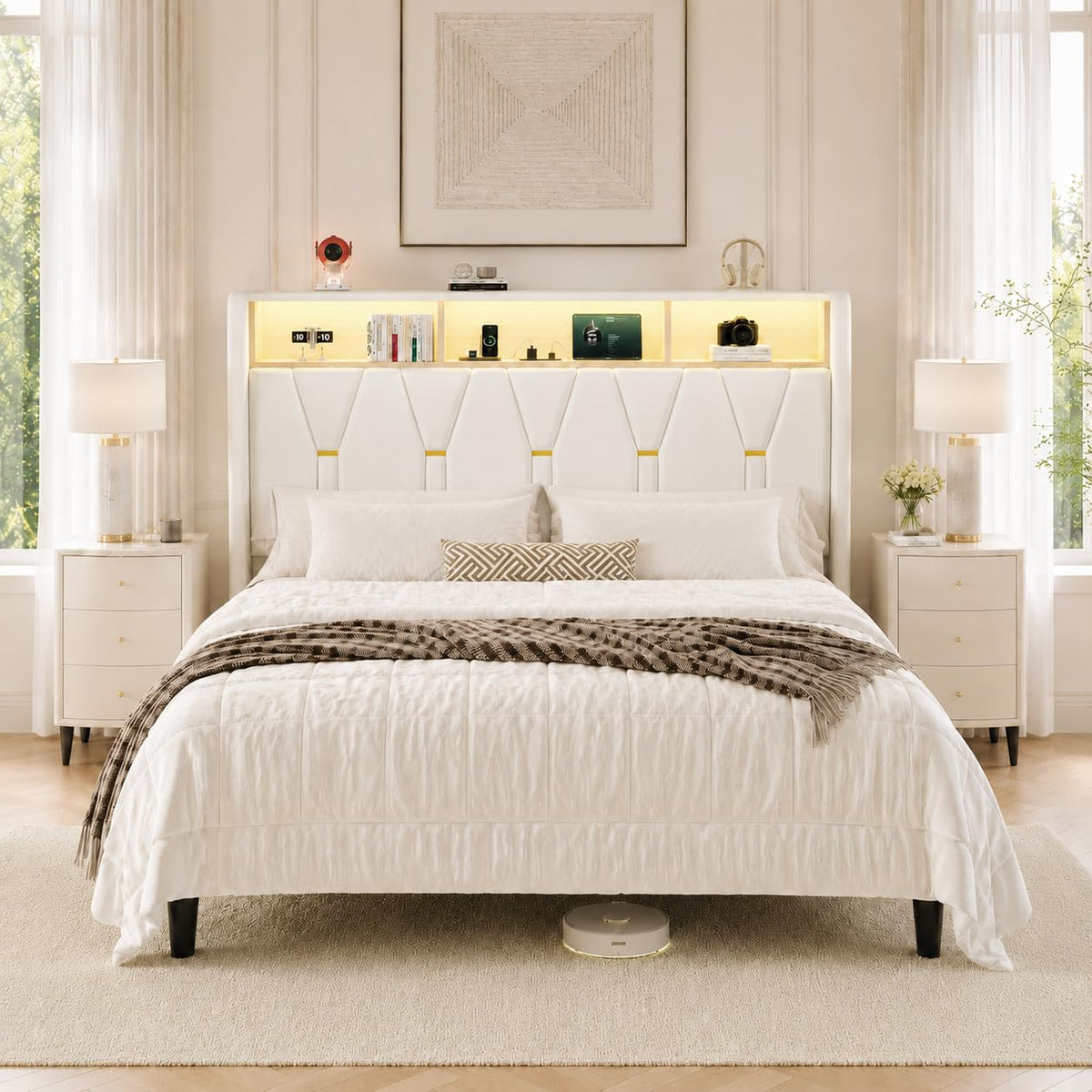 Full Size Bed Frame with 2-Tier Storage Headboard V3692
