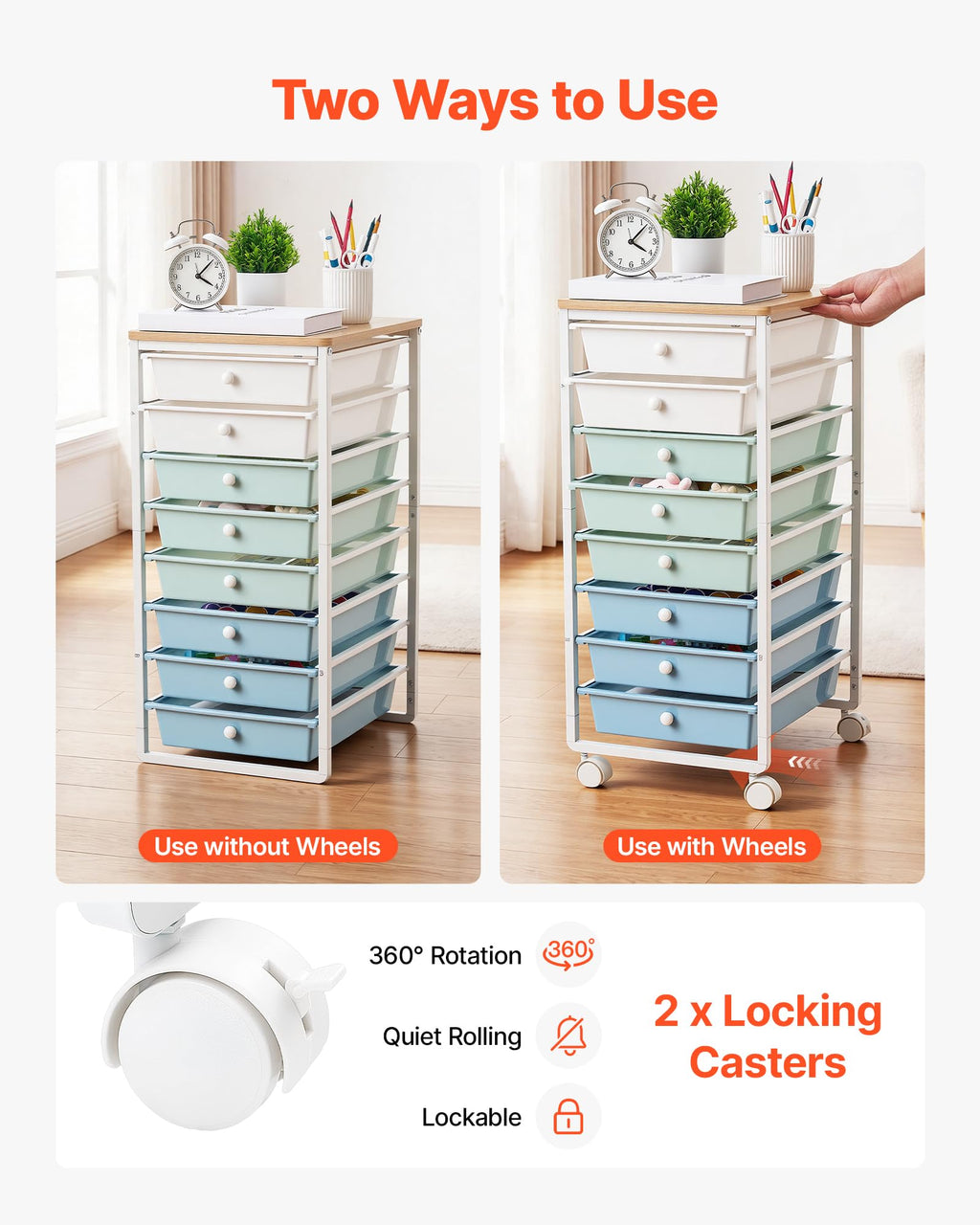 8 Drawer Rolling Storage Cart with Wood Top D307