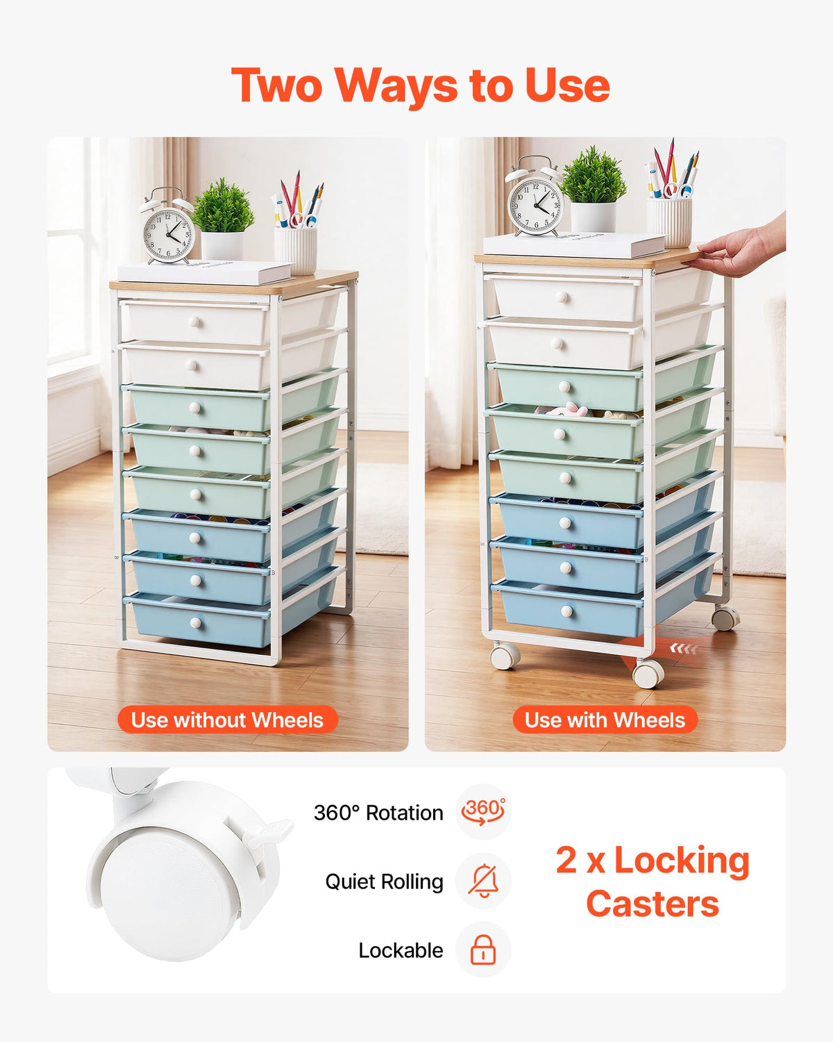8 Drawer Rolling Storage Cart with Wood Top D307