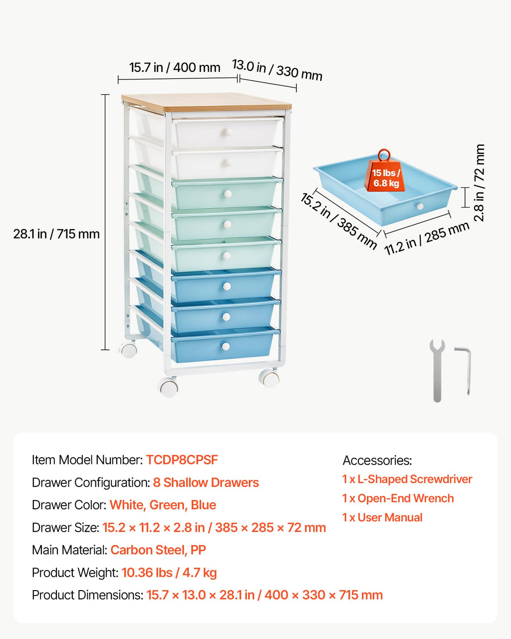 8 Drawer Rolling Storage Cart with Wood Top D307