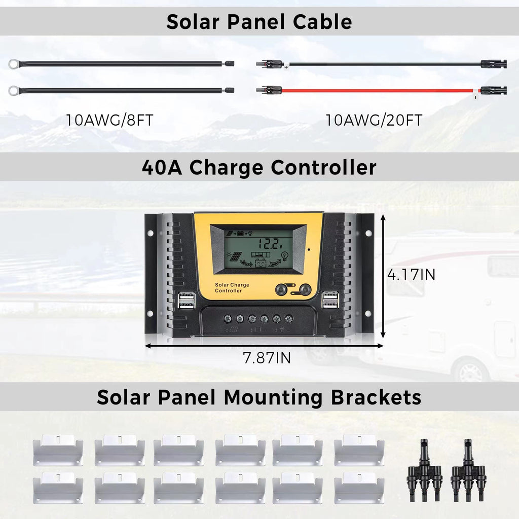 300 Watt 12 Volt Monocrystalline Solar Panel Kit with 40A PWM Charge Controller W339