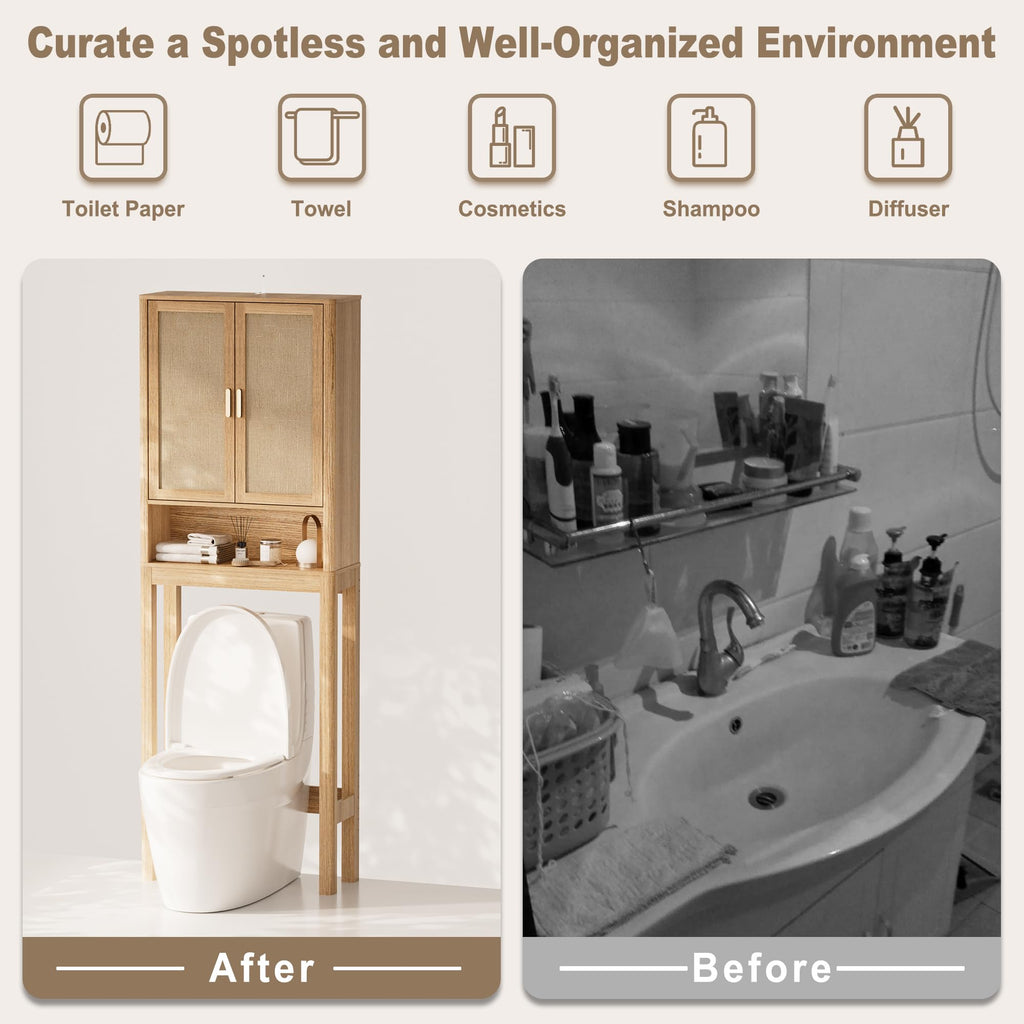 Over the Toilet Storage Cabinet with Rattan Doors S6020