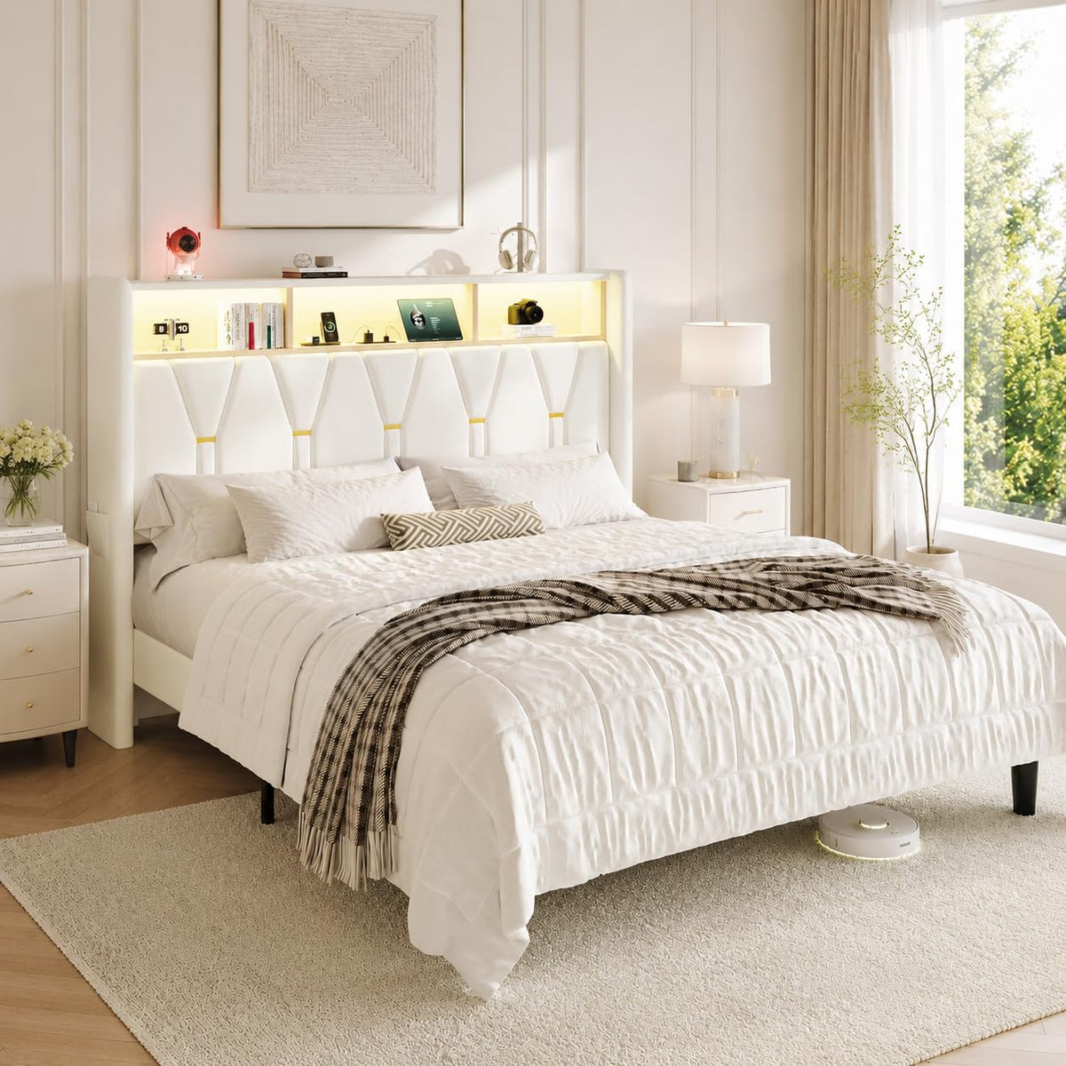 Full Size Bed Frame with 2-Tier Storage Headboard V3692