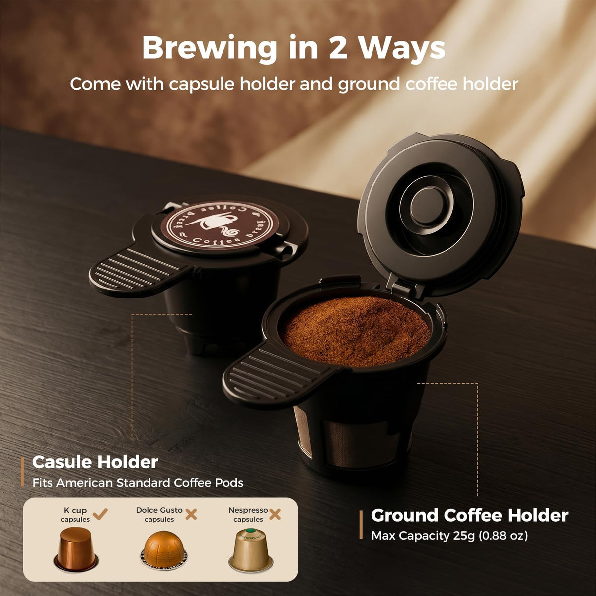 2-in-1 Single Serve Coffee Maker, K Cup & Ground, 6-14 oz, Silver K534