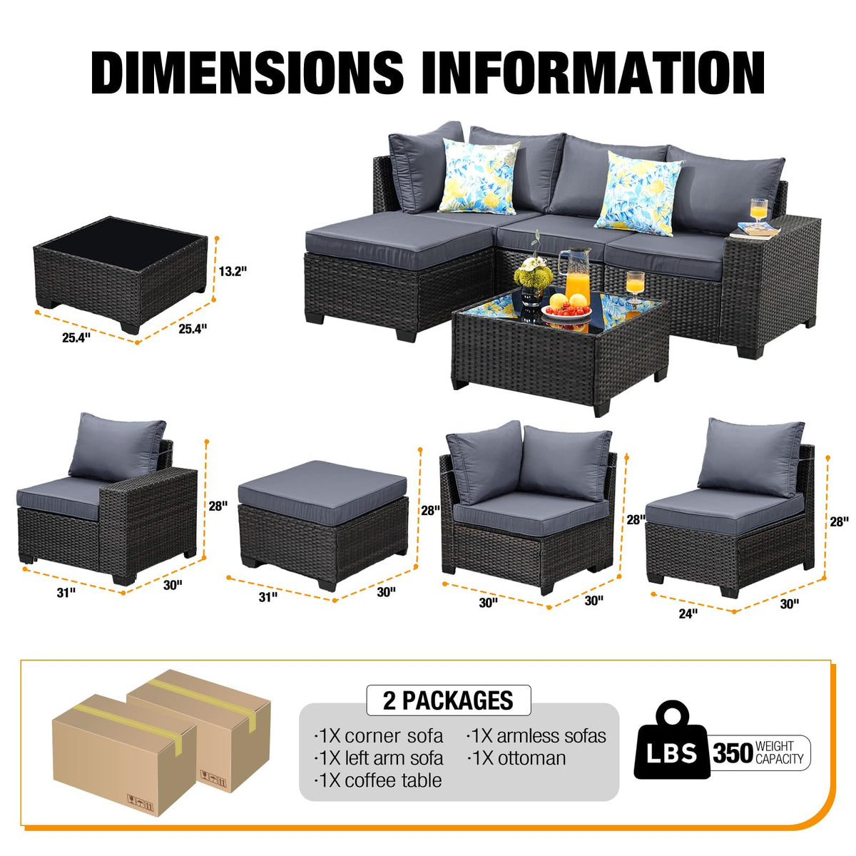 5 Pieces Wicker PE Rattan Patio Furniture Set with Cushion & Coffee Table, Grey E52578