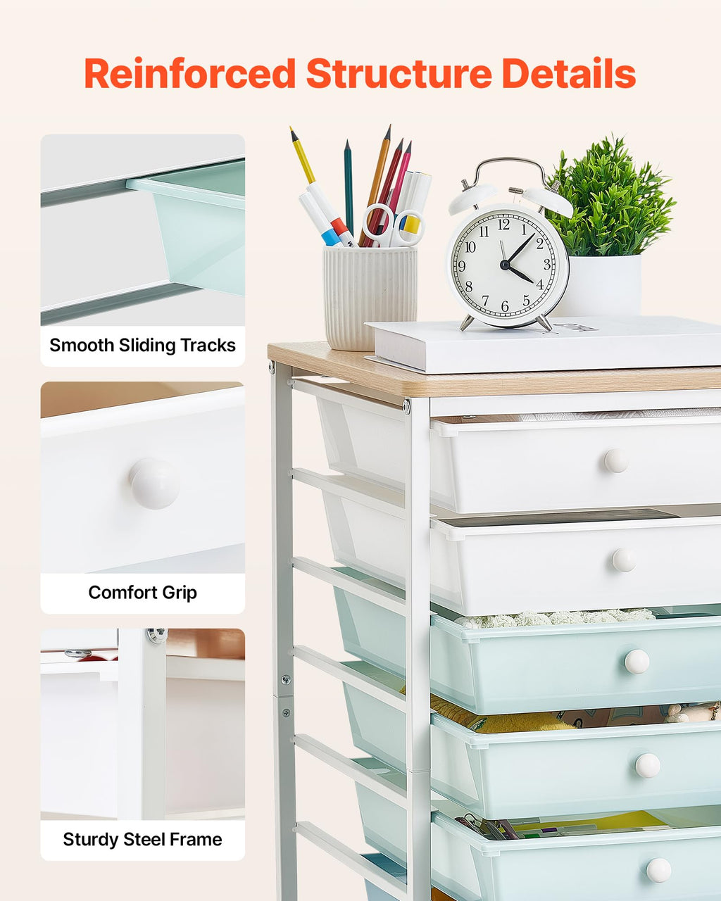 8 Drawer Rolling Storage Cart with Wood Top D307