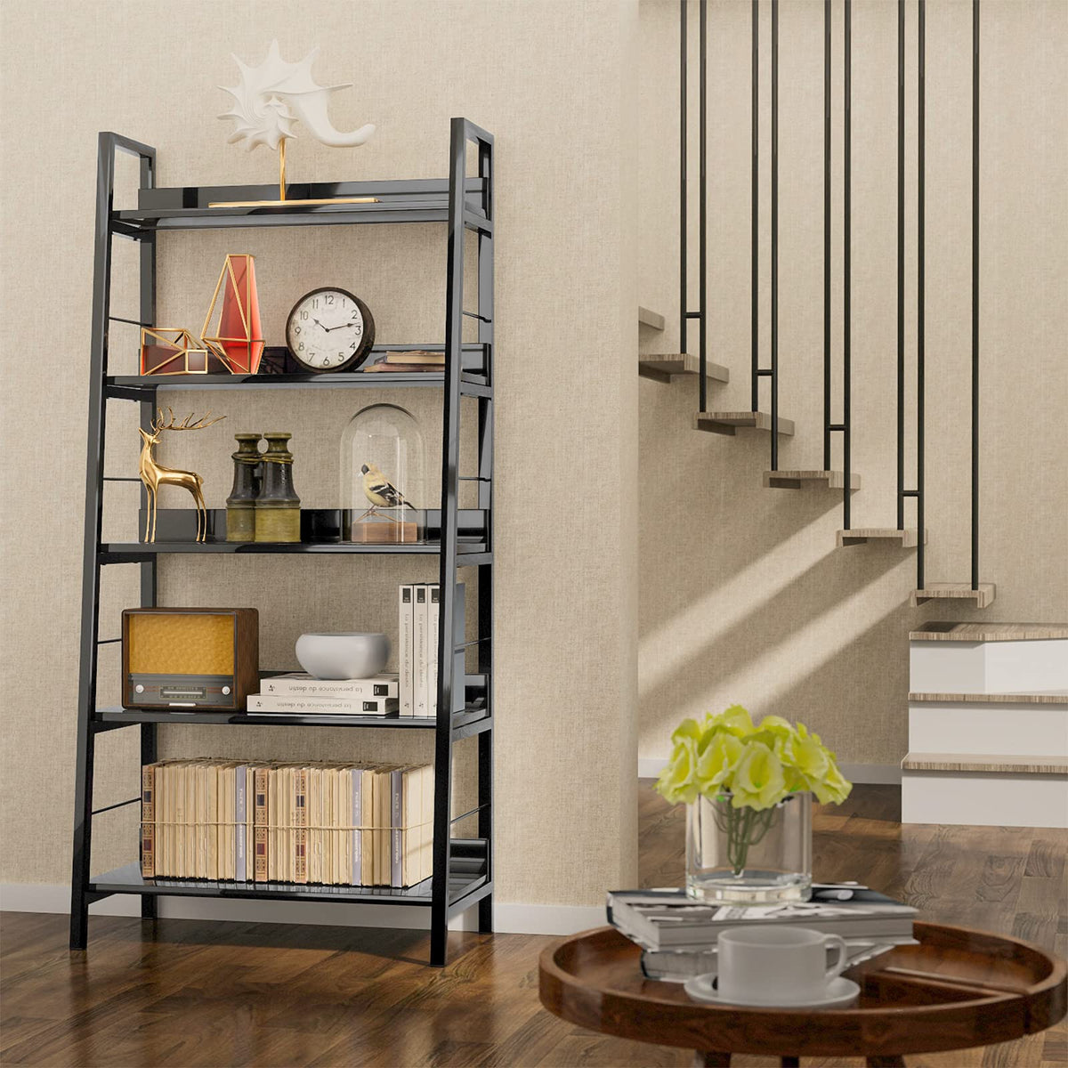 Black 5 Shelf Wood and Metal Bookshelf C7596