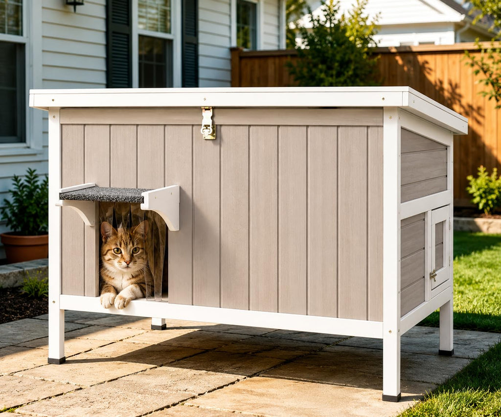 Weatherproof Wooden Outdoor Cat House with Escape Doors Q589