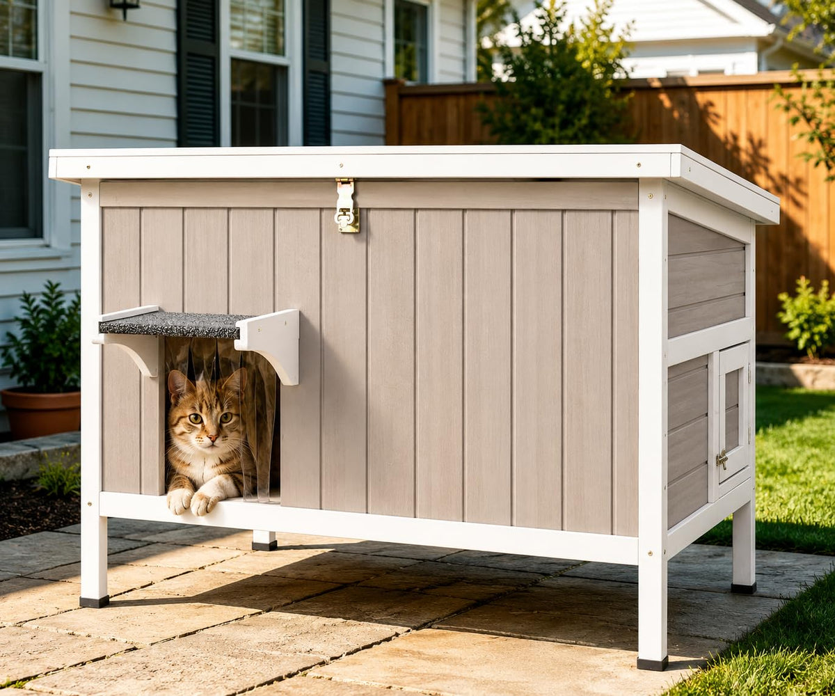 Weatherproof Wooden Outdoor Cat House with Escape Doors Q589
