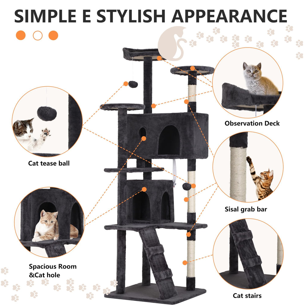 70 Inch Dark Grey Cat Tree Tower with Scratching Post F18388