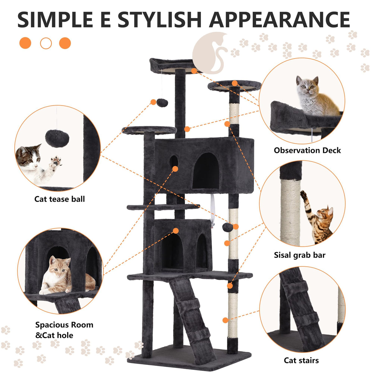 70 Inch Dark Grey Cat Tree Tower with Scratching Post F18388