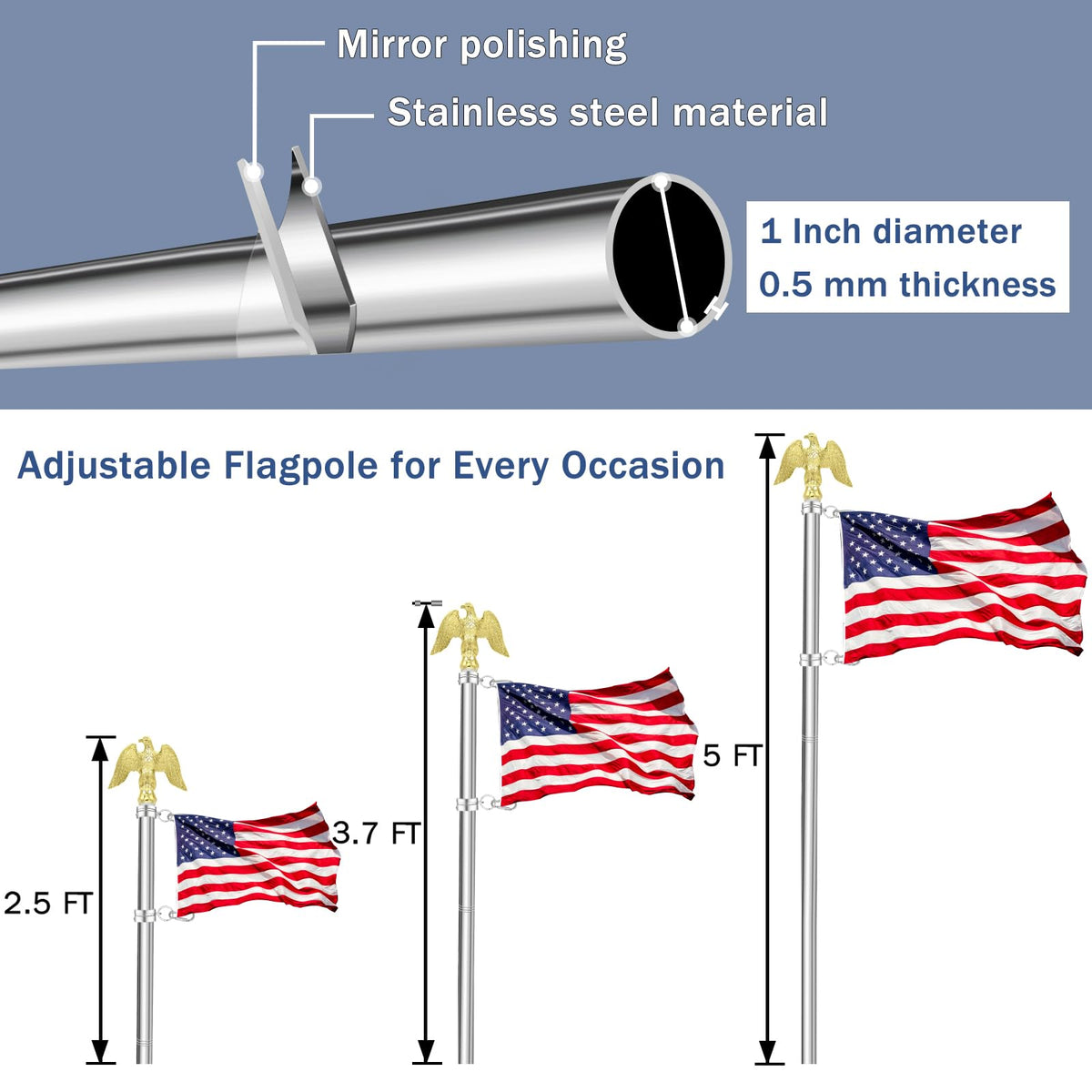 5 FT Stainless Steel Flag Pole with Eagle Topper E932