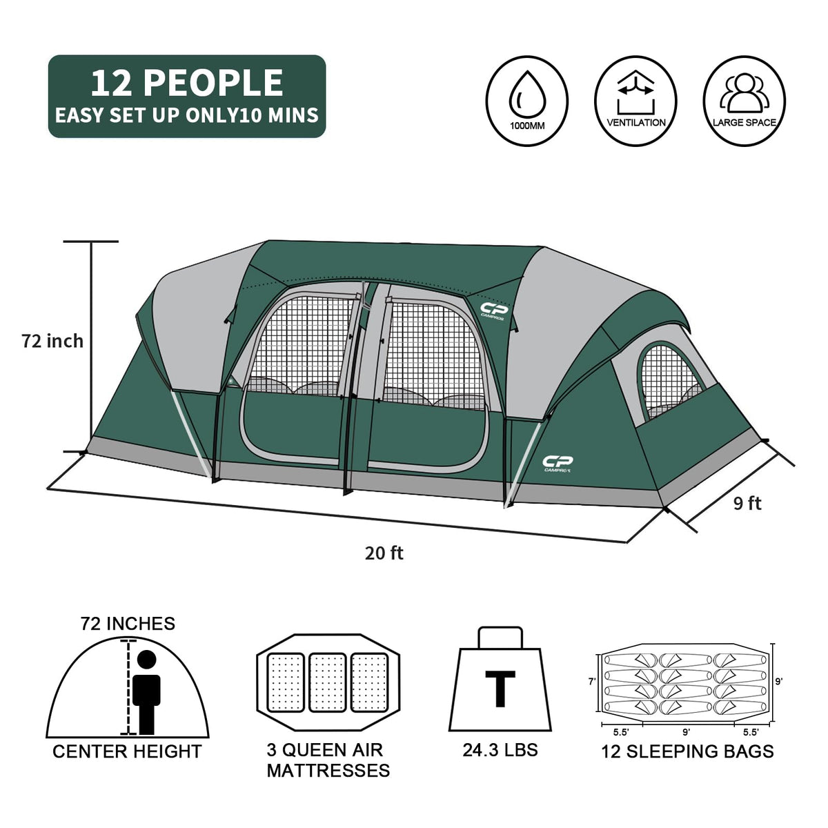 12 Person 3-Room Waterproof Camping Tent H813893
