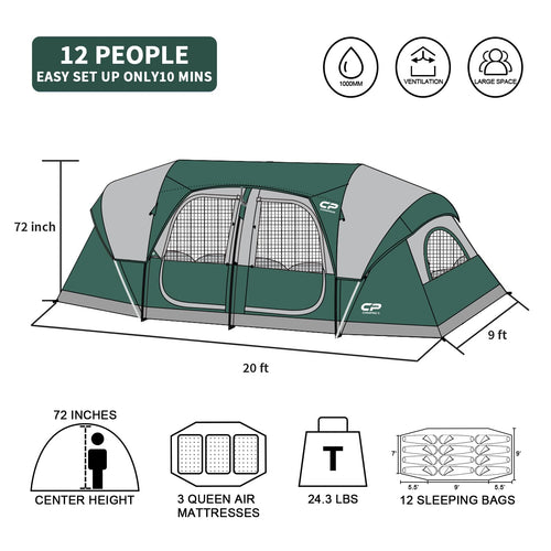 12 Person 3-Room Waterproof Camping Tent H813893