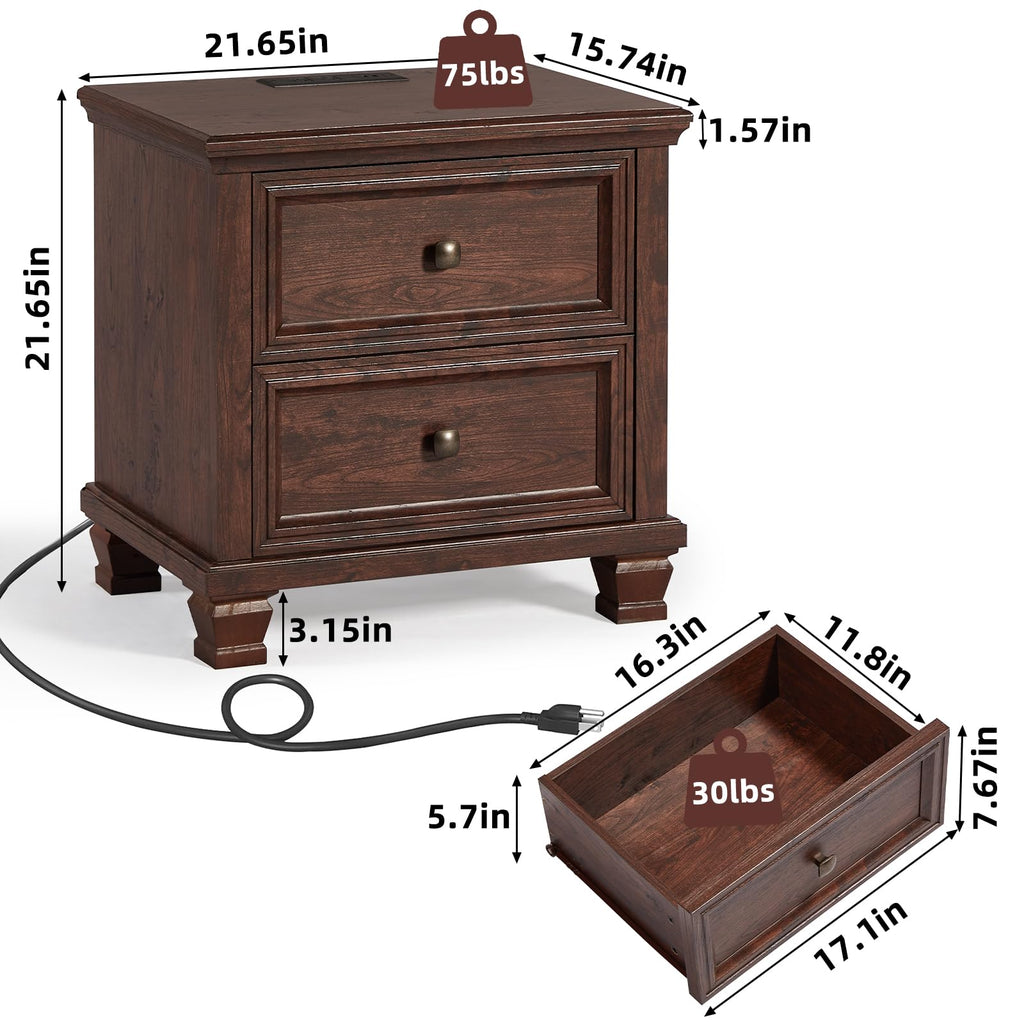 Nightstand Set of 2 with Charging Stations, 2 Drawers, Walnut W71107