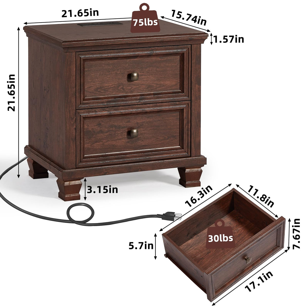 Nightstand Set of 2 with Charging Stations, 2 Drawers, Walnut W71107
