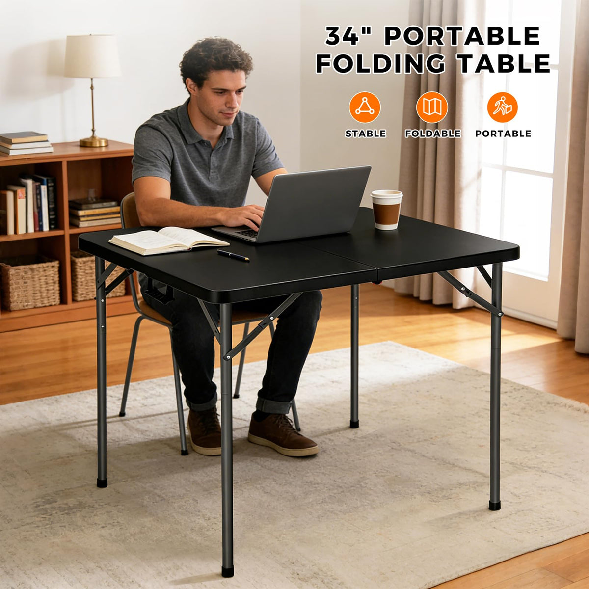 34" Black Square Folding Table with Carrying Handle S207945