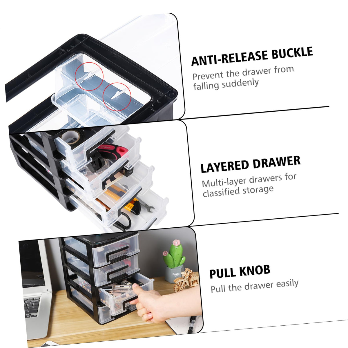 Black Transparent 4-Layer Plastic Drawer Storage Cabinet B274778