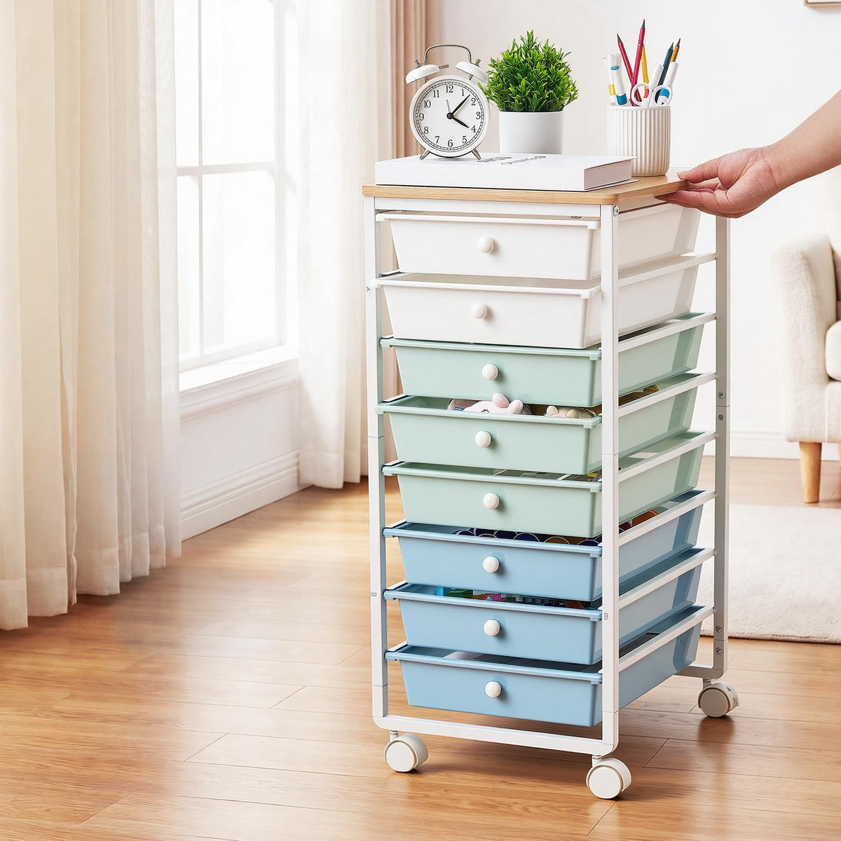 8 Drawer Rolling Storage Cart with Wood Top D307