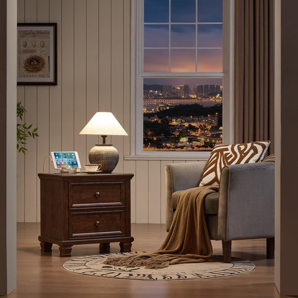 Nightstand Set of 2 with Charging Stations, 2 Drawers, Walnut W71107