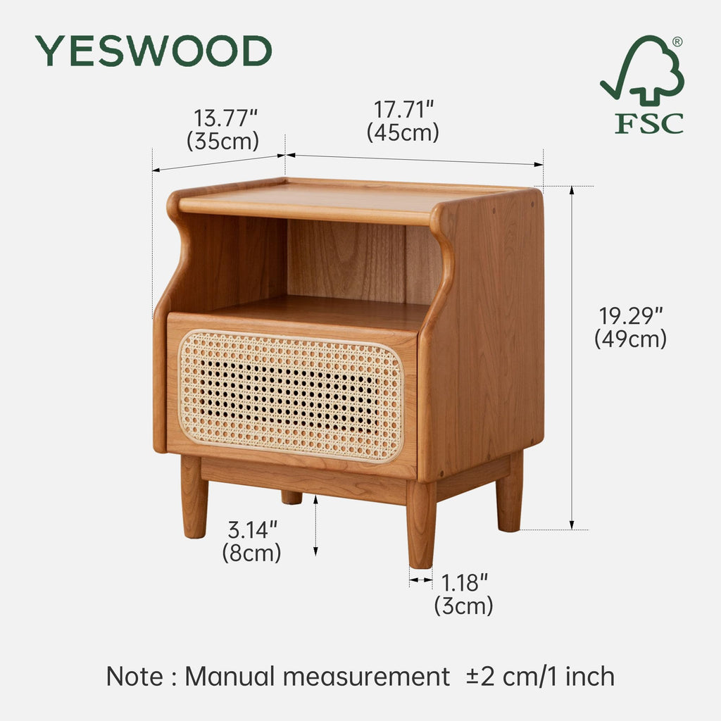 Cherry Wood Rattan Nightstand with Drawer J272