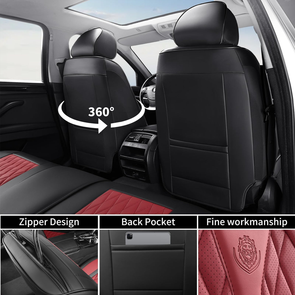 Red Black Leather Car Seat Covers Full Set T205