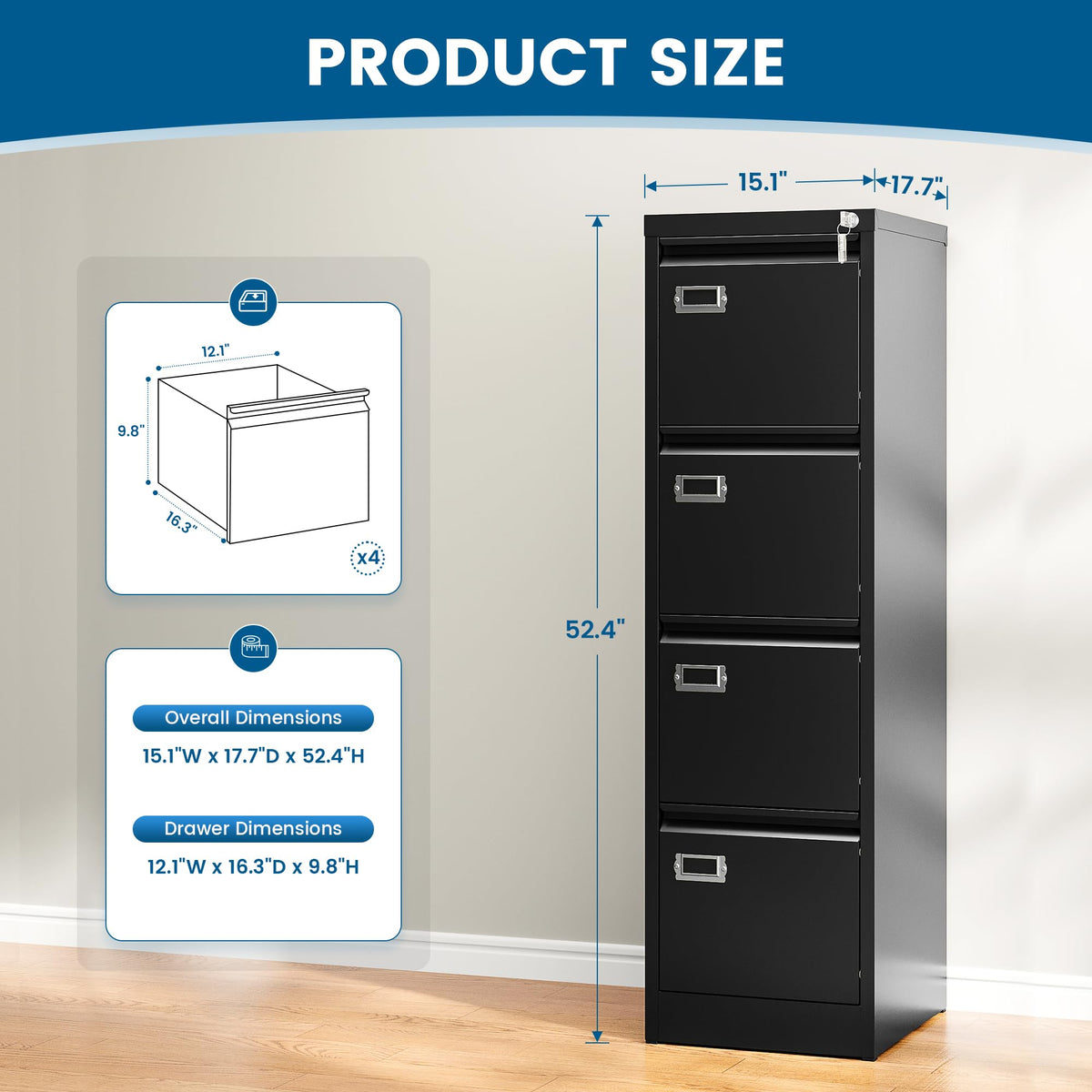 Black 4 Drawer Metal File Cabinet with Lock F17496