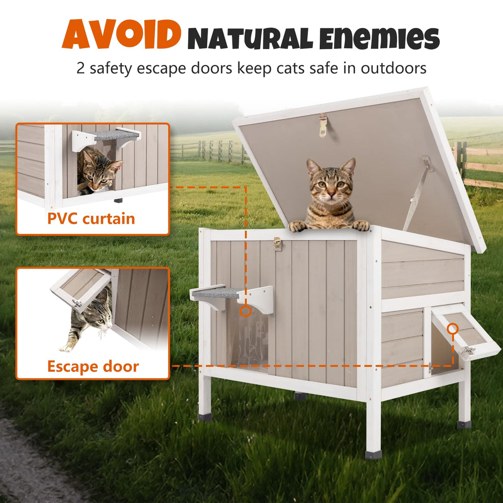 Weatherproof Wooden Outdoor Cat House with Escape Doors Q589
