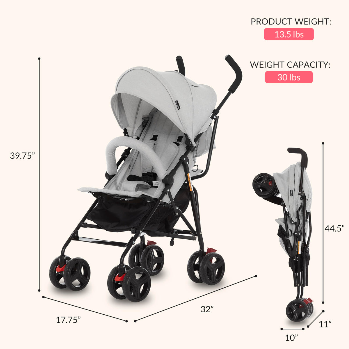 Light Gray Lightweight Baby Stroller with Compact Fold and Canopy S573
