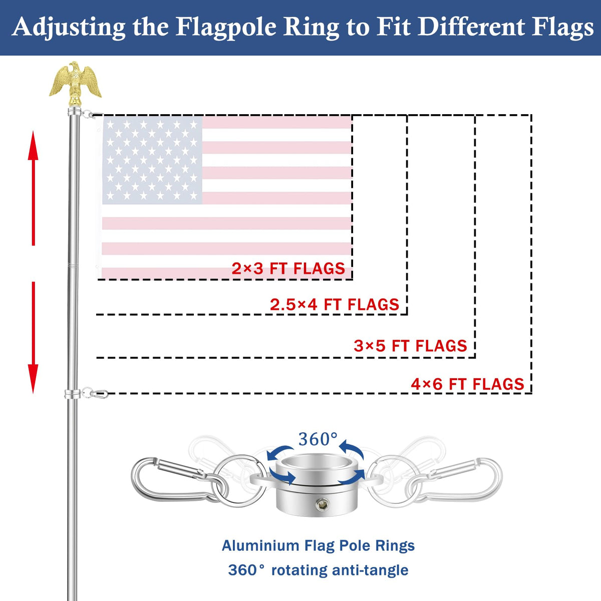 5 FT Stainless Steel Flag Pole with Eagle Topper E932
