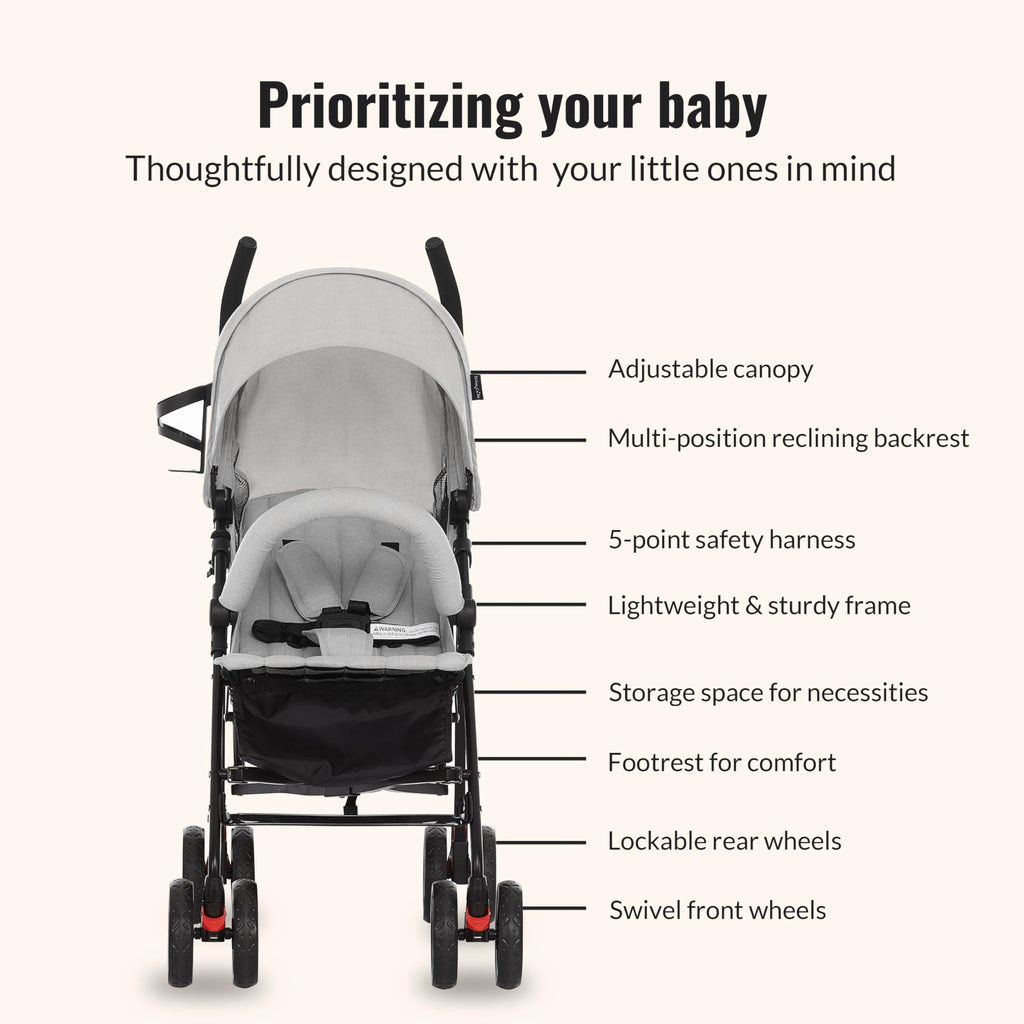 Light Gray Lightweight Baby Stroller with Compact Fold and Canopy S573