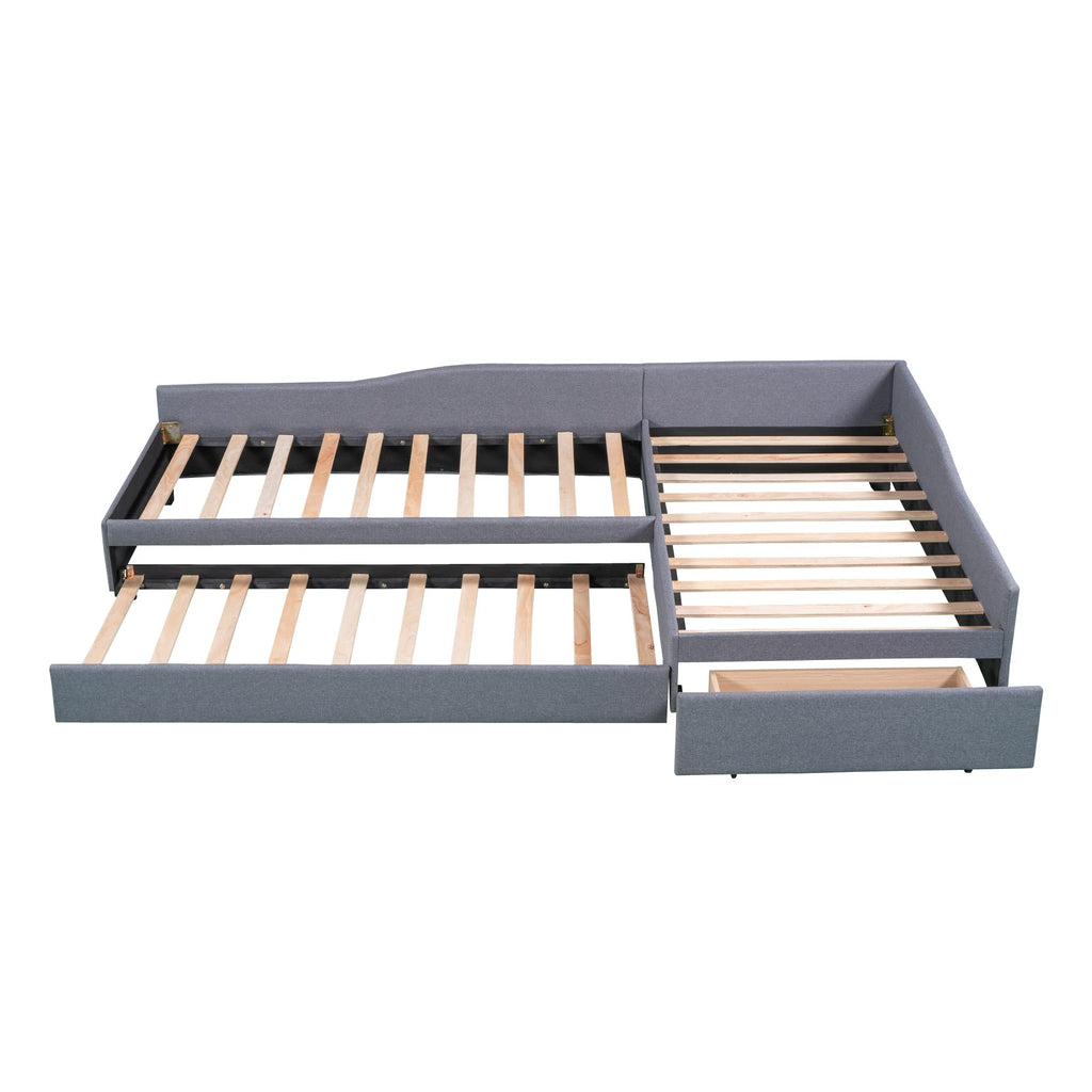 Gray Linen Upholstered Double Twin Size Daybed with Trundle and Drawer Q39668
