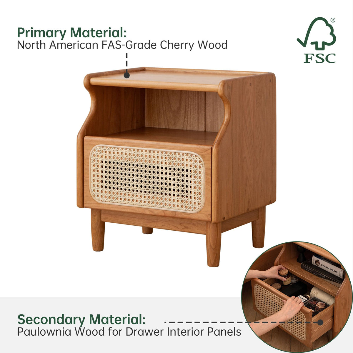 Cherry Wood Rattan Nightstand with Drawer J272