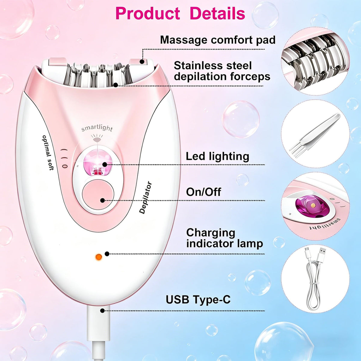 Rechargeable 2 Speed Epilator with LED Light & 36 Tweezers J343