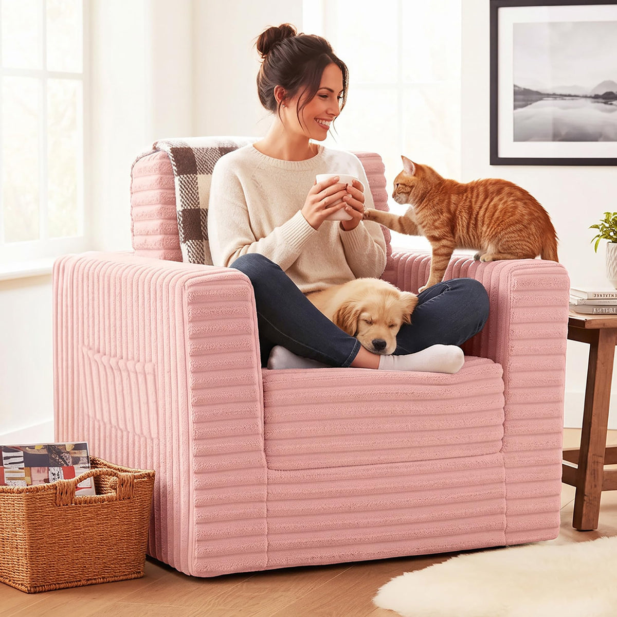 Pink Folding Sofa Bed with Ottoman E467