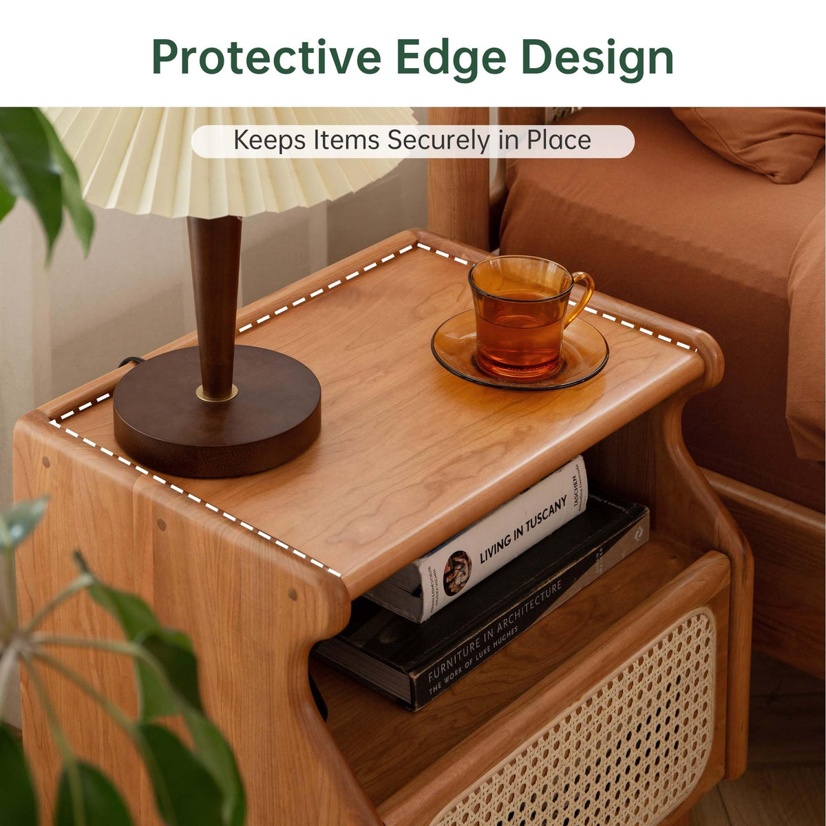 Cherry Wood Rattan Nightstand with Drawer J272