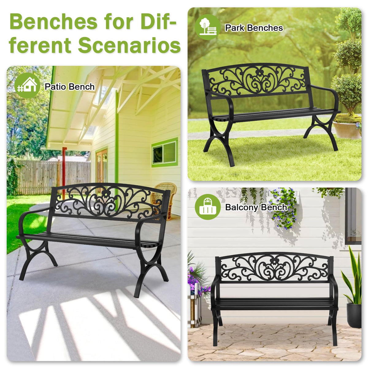 50 Inches Black Metal Outdoor Garden Bench with Floral Pattern Backrest A81455