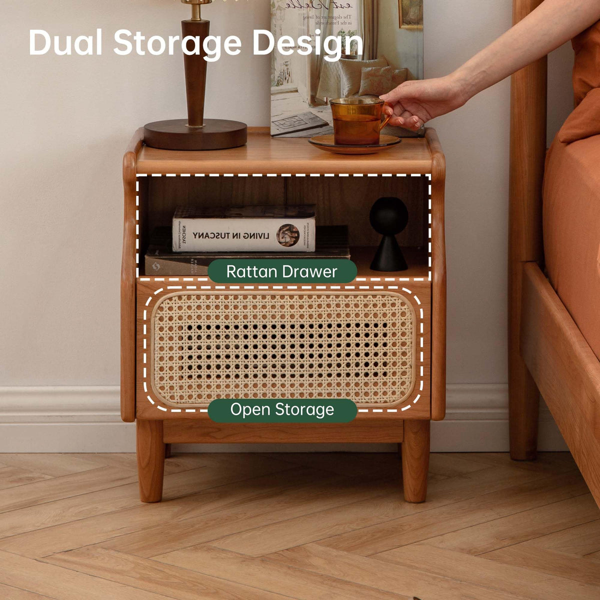 Cherry Wood Rattan Nightstand with Drawer J272