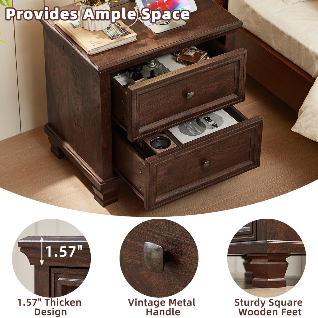 Nightstand Set of 2 with Charging Stations, 2 Drawers, Walnut W71107