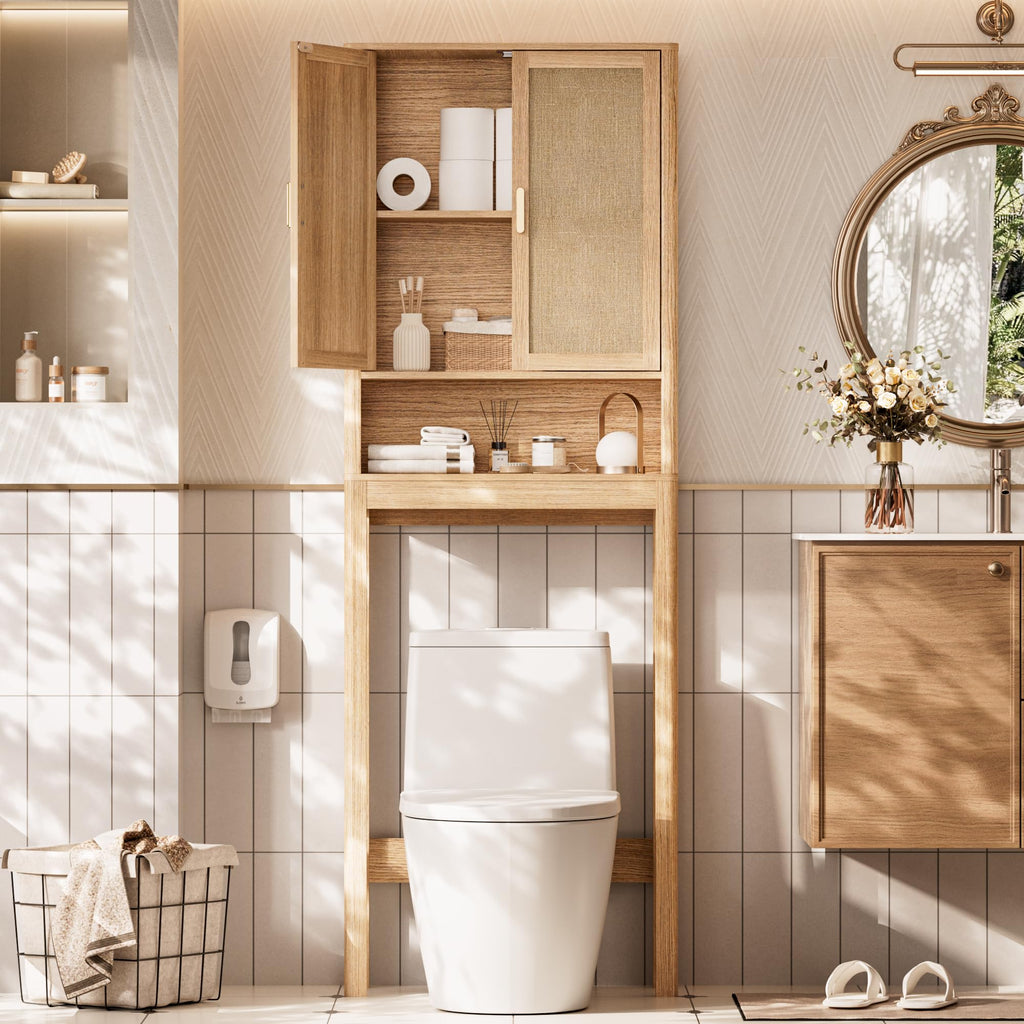 Over the Toilet Storage Cabinet with Rattan Doors S6020