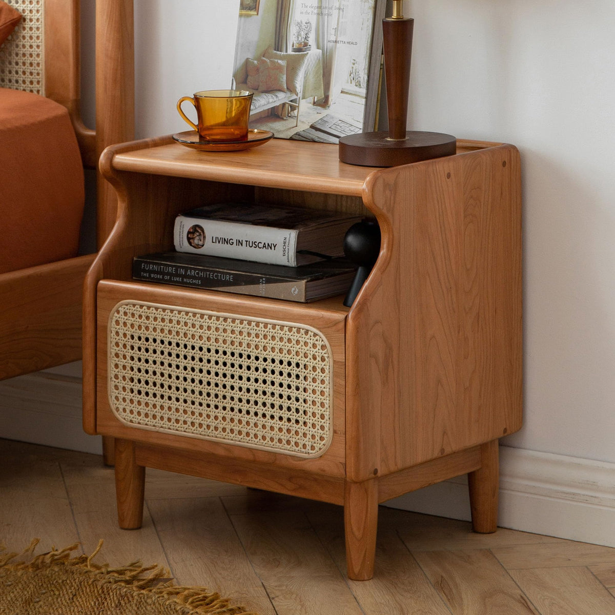 Cherry Wood Rattan Nightstand with Drawer J272