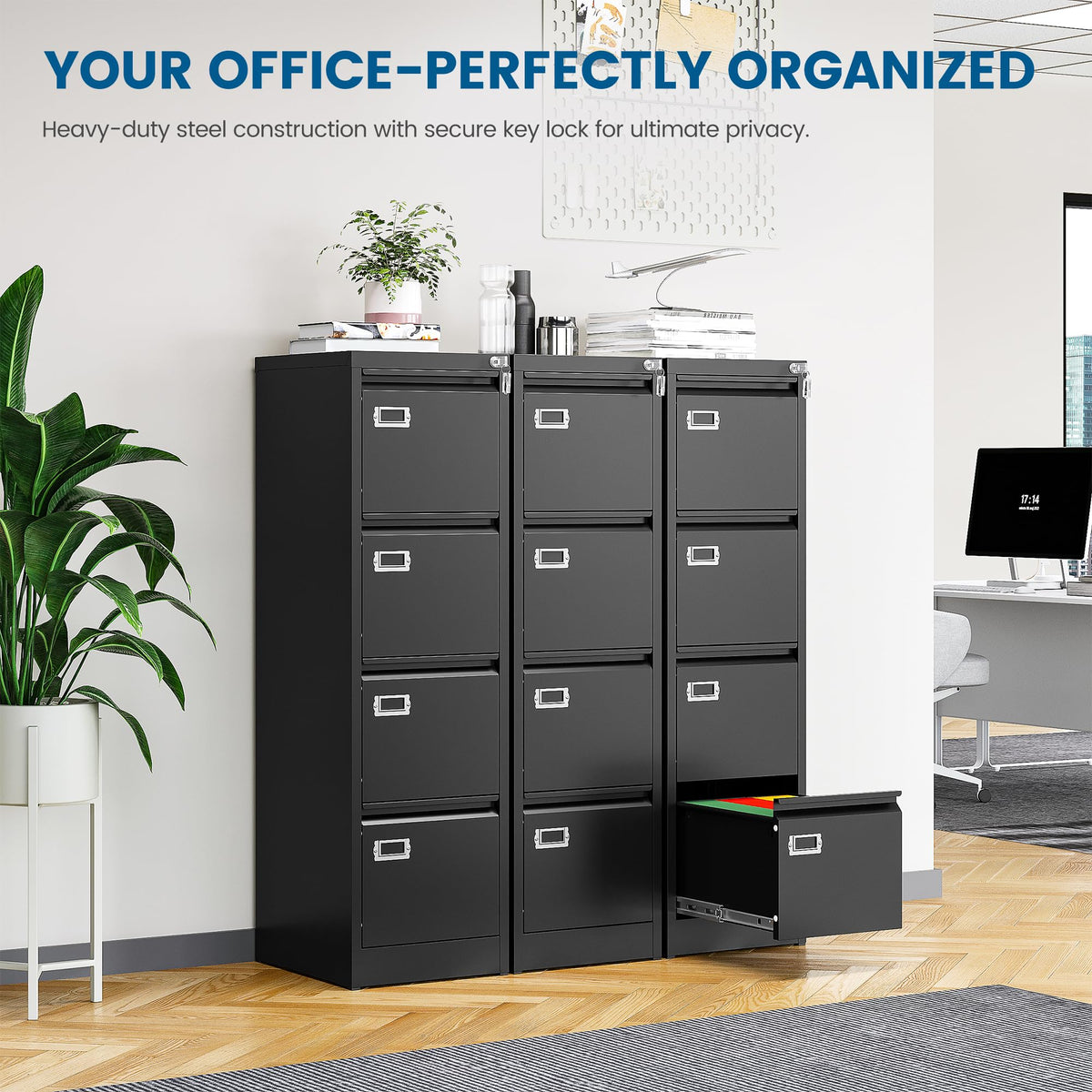 Black 4 Drawer Metal File Cabinet with Lock F17496